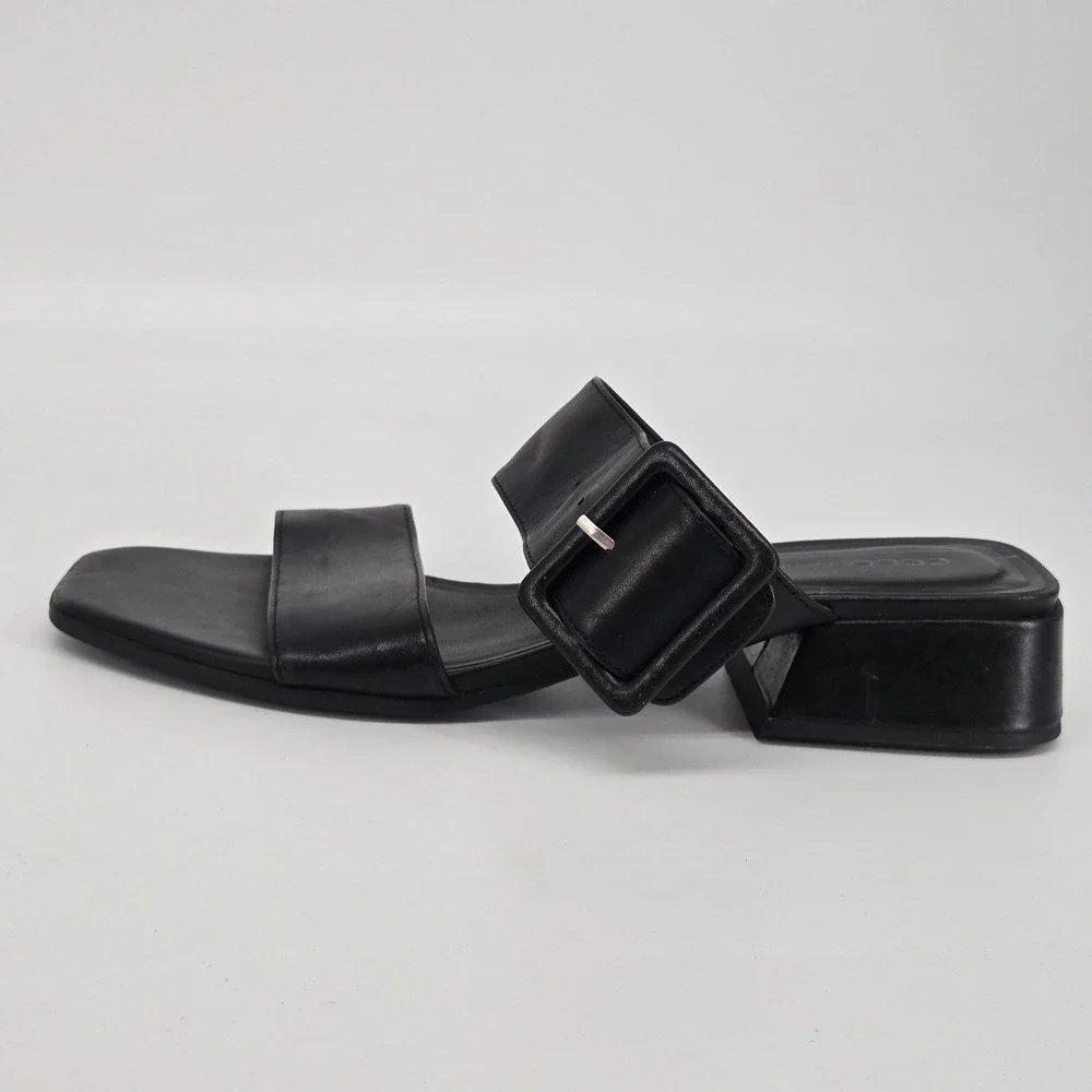 Ecco Danish Design Black Leather Wide Buckle Strap Block Heel Sandals 38 / 7